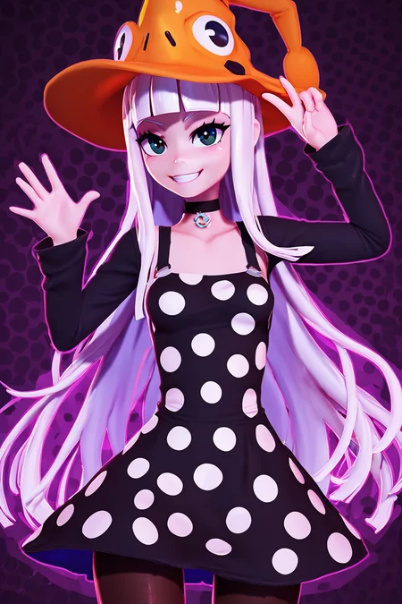 score_9, score_8_up, score_8, medium breasts, (curvy), cute, eyelashes, BREAK, , zzEruka, black eyes, white hair, blunt bangs, long hair, orange hat, polka dot dress, black dress, black sleeves, pantyhose, <lora:ErukaFrog_SoulEater_PDXL_v2:1.0>, , BREAK, smile, looking at viewer, cowboy shot, ,,, embedding:zPDXL, Expressiveh, ,,, <lora:Zy0n7_PDXL:0.8>, <lora:SDXLFaeTastic2400:0.5>, <lora:Expressive_H-000001:0.4>,