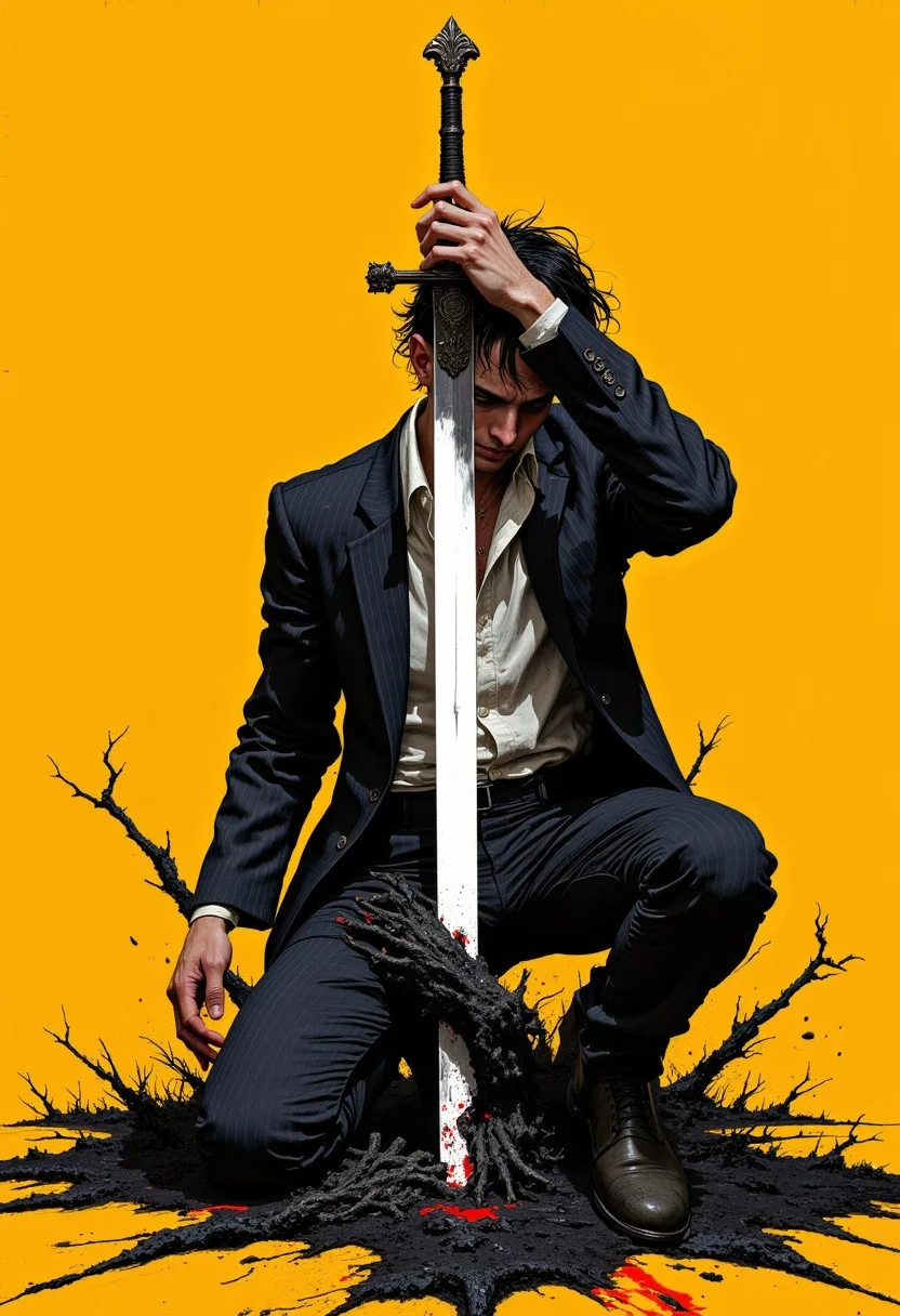 weibo, drawing, illustration retro 90's, Yoshiaki Kawajiri, Yutaka Minowa, Yūji Ikehata, chromatic aberration, detail, high contrast, cinematic view, volumetric lighting, perspective, kneeling_figure, mustard_yellow_background, disheveled_suit, messy_hair, white_sword, black_void, reaching_hands, gritty_texture, otherworldly, melancholic_mood, minimalist, thick_linework, surreal, cinematic, intense_detail, photorealistic, (sharp focus:1.3). A stylized character with a striking appearance. A close-up of a character a lone figure in a dramatic, kneeling pose on an intense, solid mustard-yellow background. The character, dressed in a slightly disheveled suit with an open collar, appears pained and introspective, his messy dark hair casting shadows over his face. Below him, a dark, otherworldly void begins to tear open, with eerie black hands reaching out from the darkness, grasping toward him. From this black void, a gleaming white sword emerges, piercing his torso diagonally, creating a stark contrast against the muted texture of his clothing and the bold yellow backdrop. The illustration style is gritty and minimalist, with thick, defined linework and subtle shading, heightening the sense of melancholy, surrealism, and internal conflict. The image is highly detailed, with a focus on the textures of his suit, the sharpness and the way his interacts with the weapon, emphasizing enhancing the dramatic and bold aesthetic of the image.
DB4RZ, DB4RZ style painting,