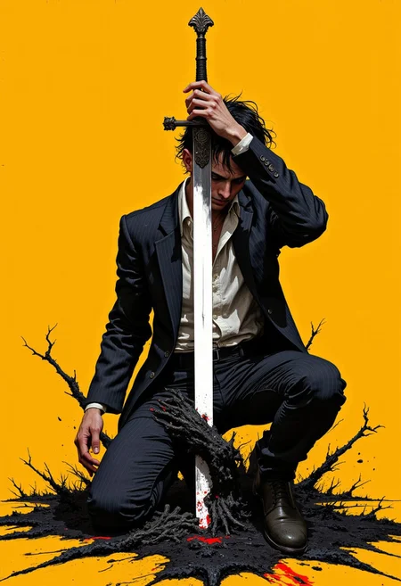 weibo, drawing, illustration retro 90's, Yoshiaki Kawajiri, Yutaka Minowa, Yūji Ikehata, chromatic aberration, detail, high contrast, cinematic view, volumetric lighting, perspective, kneeling_figure, mustard_yellow_background, disheveled_suit, messy_hair, white_sword, black_void, reaching_hands, gritty_texture, otherworldly, melancholic_mood, minimalist, thick_linework, surreal, cinematic, intense_detail, photorealistic, (sharp focus:1.3). A stylized character with a striking appearance. A close-up of a character a lone figure in a dramatic, kneeling pose on an intense, solid mustard-yellow background. The character, dressed in a slightly disheveled suit with an open collar, appears pained and introspective, his messy dark hair casting shadows over his face. Below him, a dark, otherworldly void begins to tear open, with eerie black hands reaching out from the darkness, grasping toward him. From this black void, a gleaming white sword emerges, piercing his torso diagonally, creating a stark contrast against the muted texture of his clothing and the bold yellow backdrop. The illustration style is gritty and minimalist, with thick, defined linework and subtle shading, heightening the sense of melancholy, surrealism, and internal conflict. The image is highly detailed, with a focus on the textures of his suit, the sharpness and the way his interacts with the weapon, emphasizing enhancing the dramatic and bold aesthetic of the image. 
DB4RZ, DB4RZ style painting,