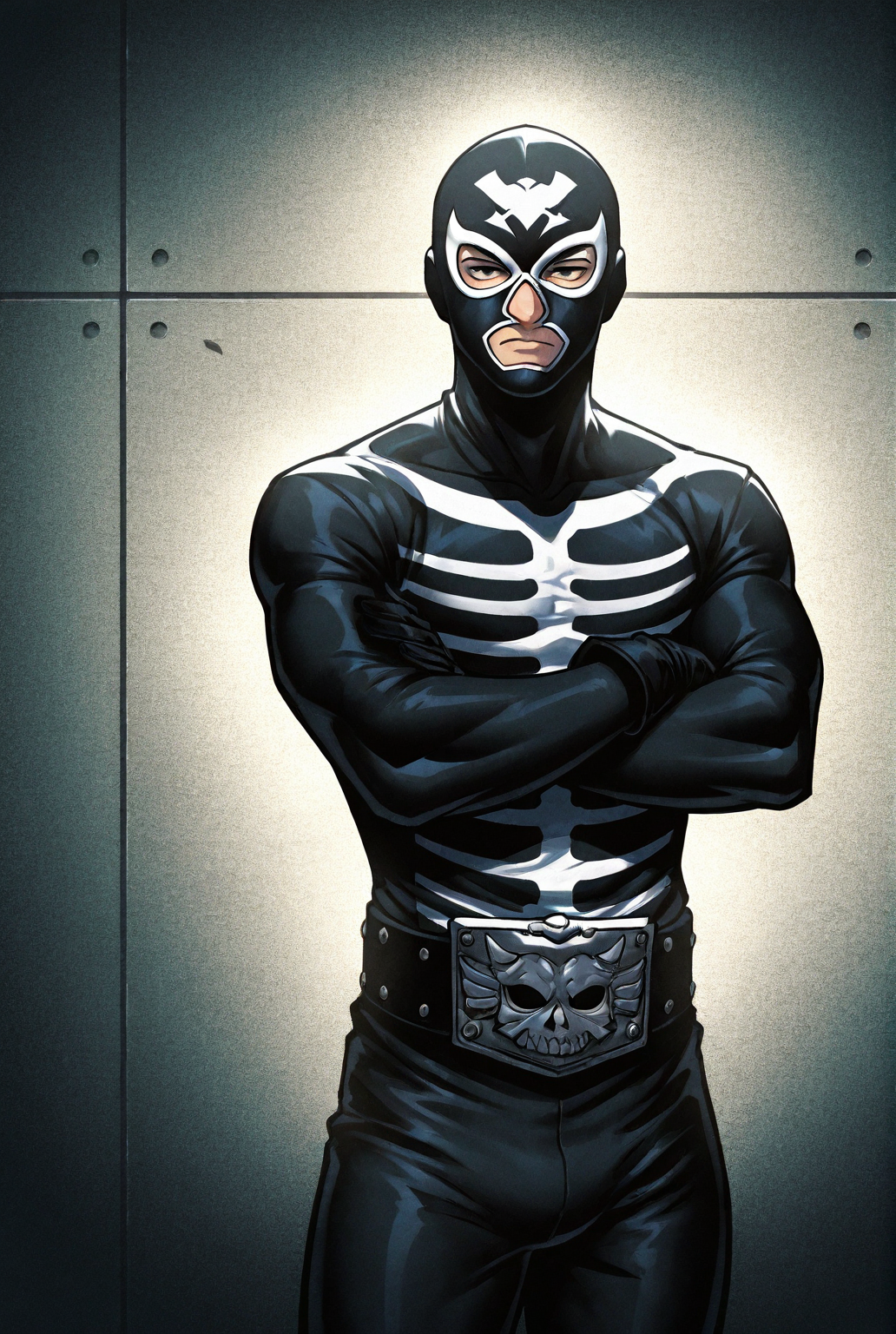 score_9,score_8_up,score_7_up,male focus,ultra-detailed,high resolution,digital painting,8k,1boy,solo,cowboy shot,male focus,detailed face,mask,gloves,belt,black gloves,bodysuit,standing,crossed arms,<lora:add-detail-xl:1>,<lora:Shocker:0.7>,shocker,<lora:LYDart StyleIlluLYCO:0.4>,ydart,