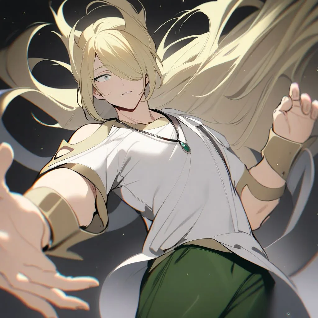 solo, 1boy, male focus, blonde hair, grey eyes, hair over one eye, long hair, masterpiece, best quality, absurdres, very aesthetic, VoloSinnoh, floating hair, white shirt, wrist cuffs, green pants, shoulder cutout, necklace,