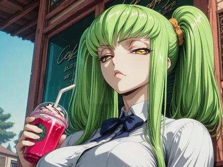 masterpiece,best quality,amazing quality,ultra detailed,
1girl,
<lora:My_Muscle_Style_1:0.3>,muscular female, fit, skinny,
<lora:HyperdetailedColoredPencilIl:0.3> ArsMJStyle, <lora:Sinozick_style:0.3>Sinozick_illu,gradient,spot color
<lora:illustriousXL_stabilizer_v1.23:0.5>
<lora:GLSHS:0.7> SHSLG
<lora:C.C._and_Kallen_Stadtfeld_Code_Geass:0.8> , C.C., green hair, long hair, yellow eyes, bangs, twintails,hair ornament,
outdoors,cafe,drinking straw, drink,
school uniform,
solo,large breasts, bowtie,
dyamic angle,
close-up, portrait,
looking at viewer, narrowed eyes,