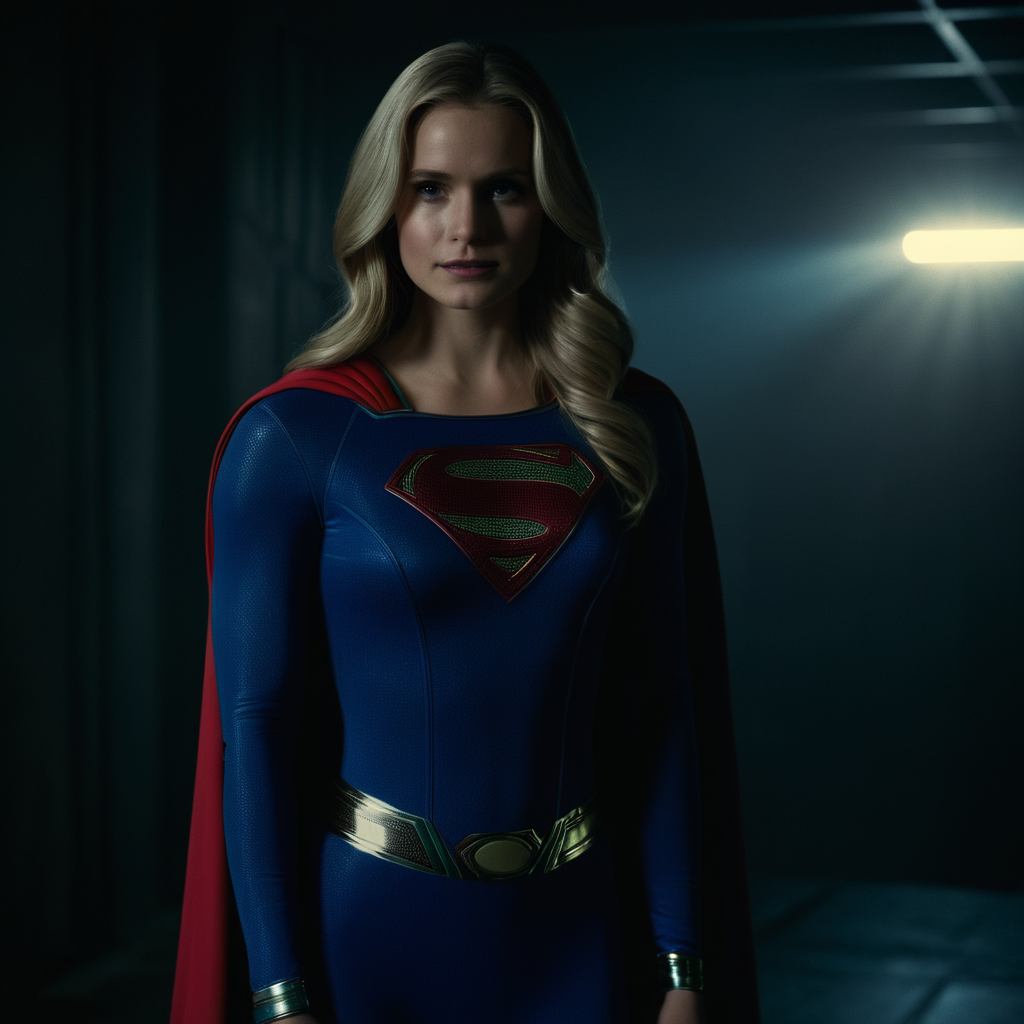 cinematic film still of  <lora:Superman v2:1>
Kal-El, Kryptonian, Man of Steel, Superman a woman dressed as a supergirl standing in a dark room,solo,long hair,blonde hair,1boy,male focus,cape,bodysuit,realistic,retro artstyle,superhero, shallow depth of field, vignette, highly detailed, high budget, bokeh, cinemascope, moody, epic, gorgeous, film grain, grainy
