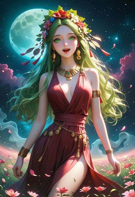 score_9, score_8_up, score_8_up,  female, hight quality, best art, detailed , good quality, rendered details. Adorable.  Hight resolution. perfect.  Slim figure, estetic, Erotic Girl,  long hairs, flower on head, ((ancient jewellery)), ((tatooed left part face)), ((diferent eyes: left eye blind and right eye is luminous red)), ((singing)), ((Cast magic)), ((mgic shadow form round girl)), ((Ghosts figures fly over)), (( flower field)) ((Black Space air style, Giant  light green moon and behind  red planet, bring stars shine))