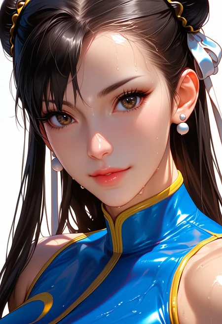 Chun-Li, Close-up details, realistic style photo Japanese young woman, dark hair, long hair, outstanding style, tall, cute, adult. Use soft lighting to cast gentle shadows on the subject, adding a touch of dimension to your images without compromising details, score_9, score_8_up, score_7_up, sweaty, wet, shiny skin, CHUNLISF, tight clothes, a bit muscular, huge nreast, dumb but cute face, sexy body, naive looking, gentle but dumb, clumsy and cute