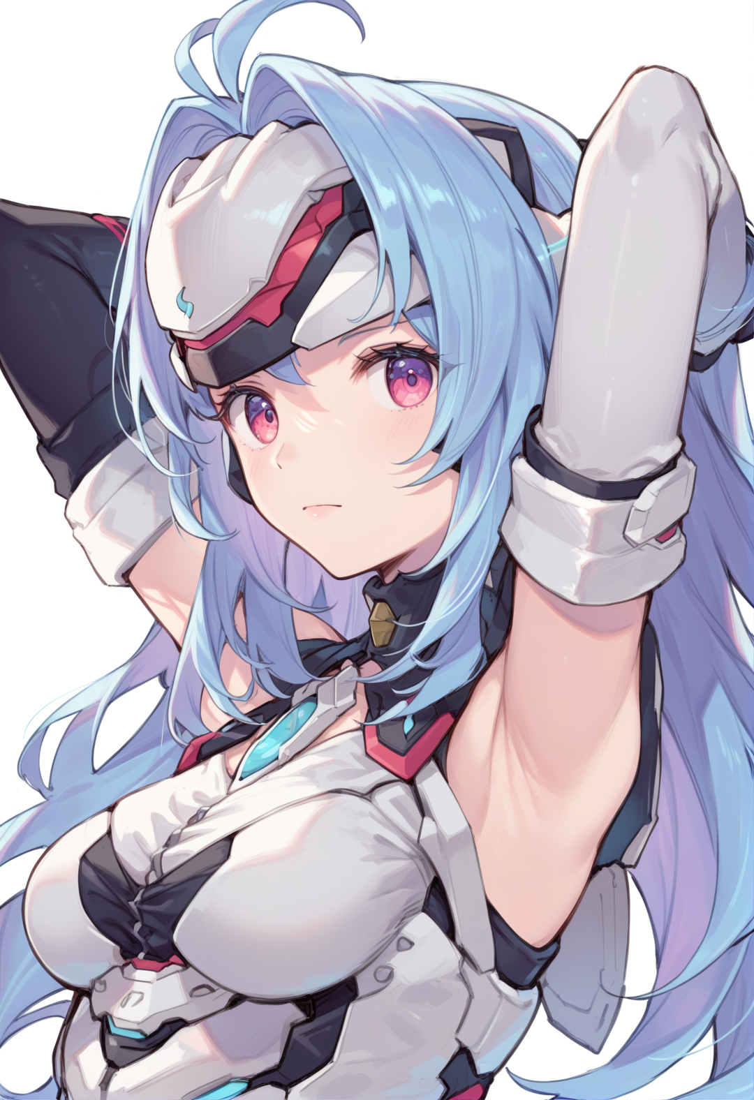 (score_9:0.9),score_8_up,score_7_up,rating_safe,anime style,(zPDXL),<lora:XB2 kos mos re ponyXL v1:0.7>,  kos-mos re xb2, white forehead protector, white highleg leotard, 1girl, solo, looking at viewer, upper body, medium breasts, arms up, elbow gloves,