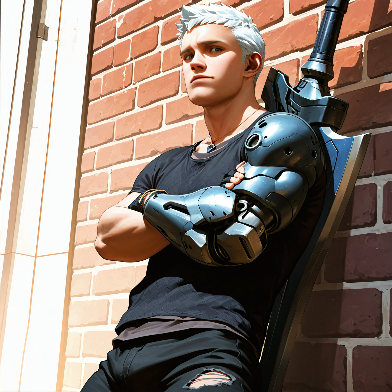 <lora:NERO-07:1.5>
solo, looking at viewer, short hair, shirt, 1boy, gloves, jewelry, white hair, white hair, male focus, weapon, black gloves, pants, sword, fingerless gloves, necklace, bracelet, black shirt, gun, black pants, crossed arms, t-shirt, pendant, realistic, against wall, mechanical arms, manly, brick wall, cyborg, weapon on back, prosthesis, single mechanical arm, prosthetic arm, cyberpunk, sword on back, sword behind back, blonde hair, outdoors, day, torn clothes, torn pants
, motion blur, film grain, abstract, natural lighting, fantasy, cinematic, dynamic view, very awa, masterpiece, best quality, absurdres, newest, perfect quality, detailed background, intricate details, (artist:fl \(l-fl\):0.7), (artist:tooboshoo:0.7), (artist:dizdoodz:0.8)