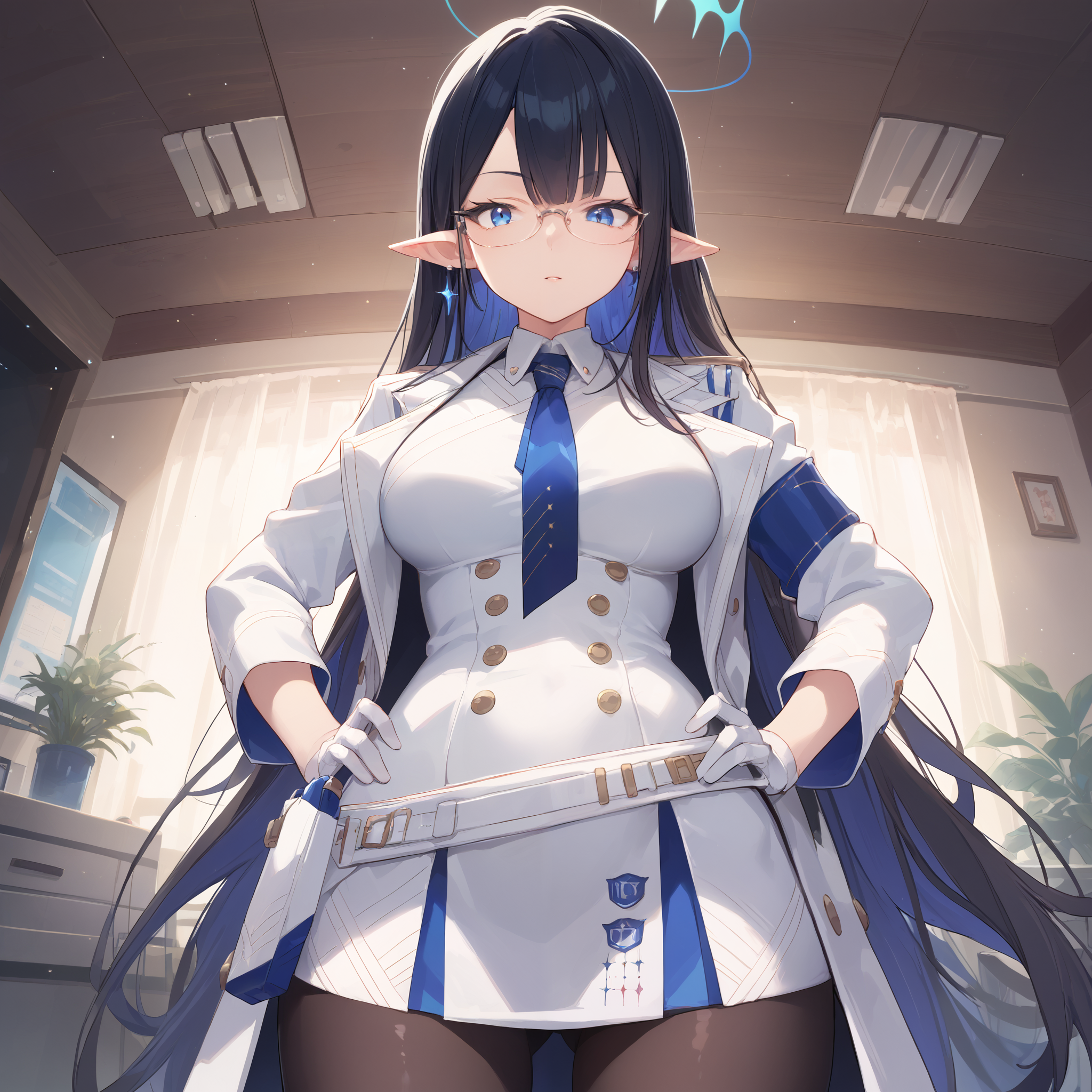score_9, score_8_up, score_7_up, score_6_up, BREAK source_anime, look at viewer, indoors,  1girl, solo, from below, hands on hip, masterpiece, best quality, high detailed skin,   rin \(blue archive\), long hair, multicolored hair, black hair, halo, pointy ears, earrings, blue eyes, glasses, necktie, white coat, belt, white skirt, white gloves, pantyhose,