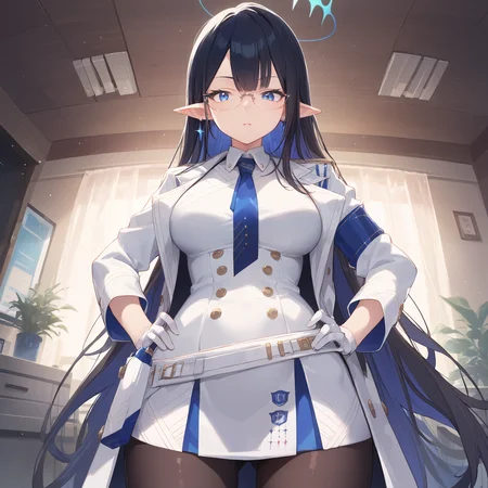 score_9, score_8_up, score_7_up, score_6_up, BREAK source_anime, look at viewer, indoors, 1girl, solo, from below, hands on hip, masterpiece, best quality, high detailed skin, rin \(blue archive\), long hair, multicolored hair, black hair, halo, pointy ears, earrings, blue eyes, glasses, necktie, white coat, belt, white skirt, white gloves, pantyhose,