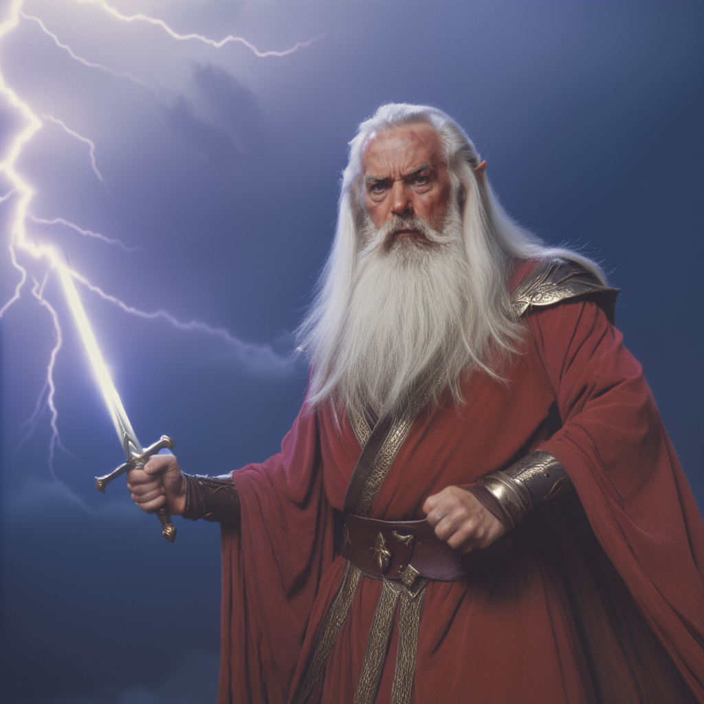 <lora:80sFantasyMovieMJ7SDXL:1> 80s Fantasy Movie Still, The image shows an elderly man with a long white beard and a long red robe holding a sword in his right hand. He is standing in front of a dark blue background with a lightning bolt striking down from the sky. The man appears to be in a battle-ready stance with his left hand extended and his right arm bent at the elbow. He has a serious expression on his face and is looking directly at the camera. The lightning bolt is a bright purple color and is striking down on the man's face creating a dramatic and ominous atmosphere.