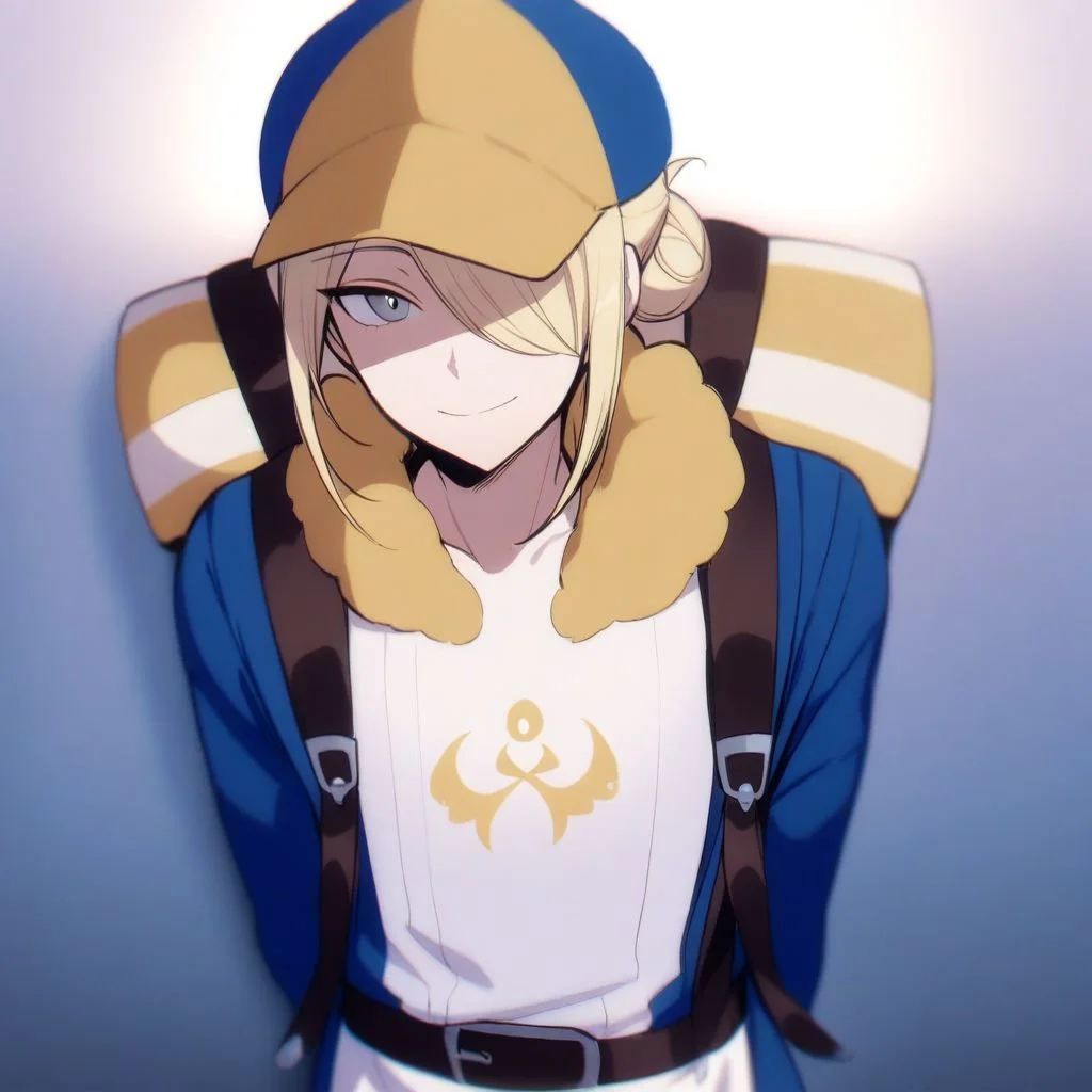 solo, 1boy, male focus, blonde hair, grey eyes, hair over one eye, long hair, masterpiece, best quality, absurdres, VoloGinkgo, blue jumpsuit, fur trim, apron, brown belt, backpack, baseball cap, two-toned headwear, blue headwear, yellow headwear, hair bun, sidelocks, very aesthetic, smile, hands behind back, looking at viewer