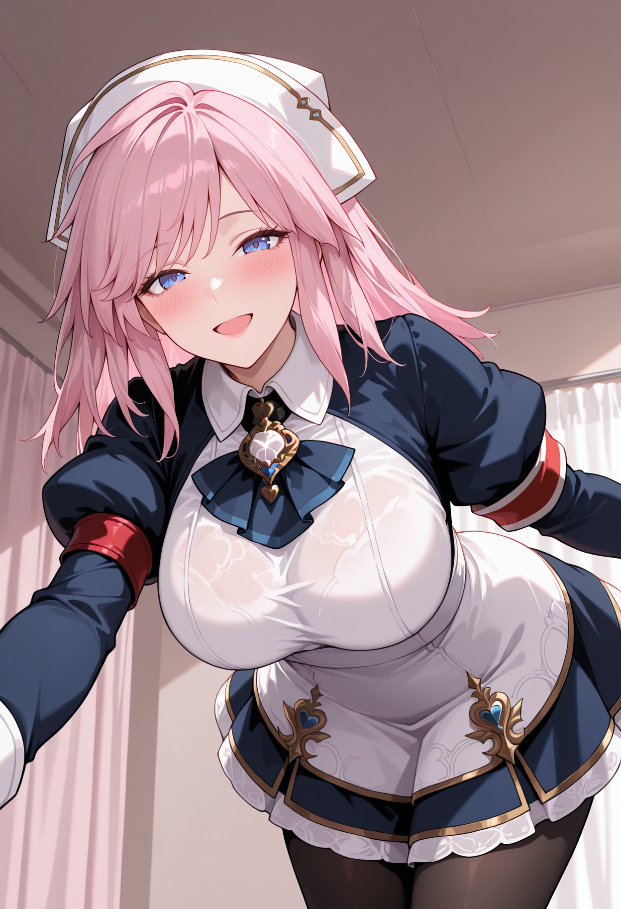 highres, best quality, masterpiece, 
1girl, solo, gbfgab, pink hair, large breasts, blue eyes, blush,
<lora:_gabriel_gbf-elesico-ilxlA:1>  maid, nurse cap, blue dress, white apron, blue ascot, brooch, juliet sleeves, gold trim, red armband, long sleeves, black pantyhose, leaning forward, outstreched arm, smile, open mouth, reaching towards viewer, indoors,