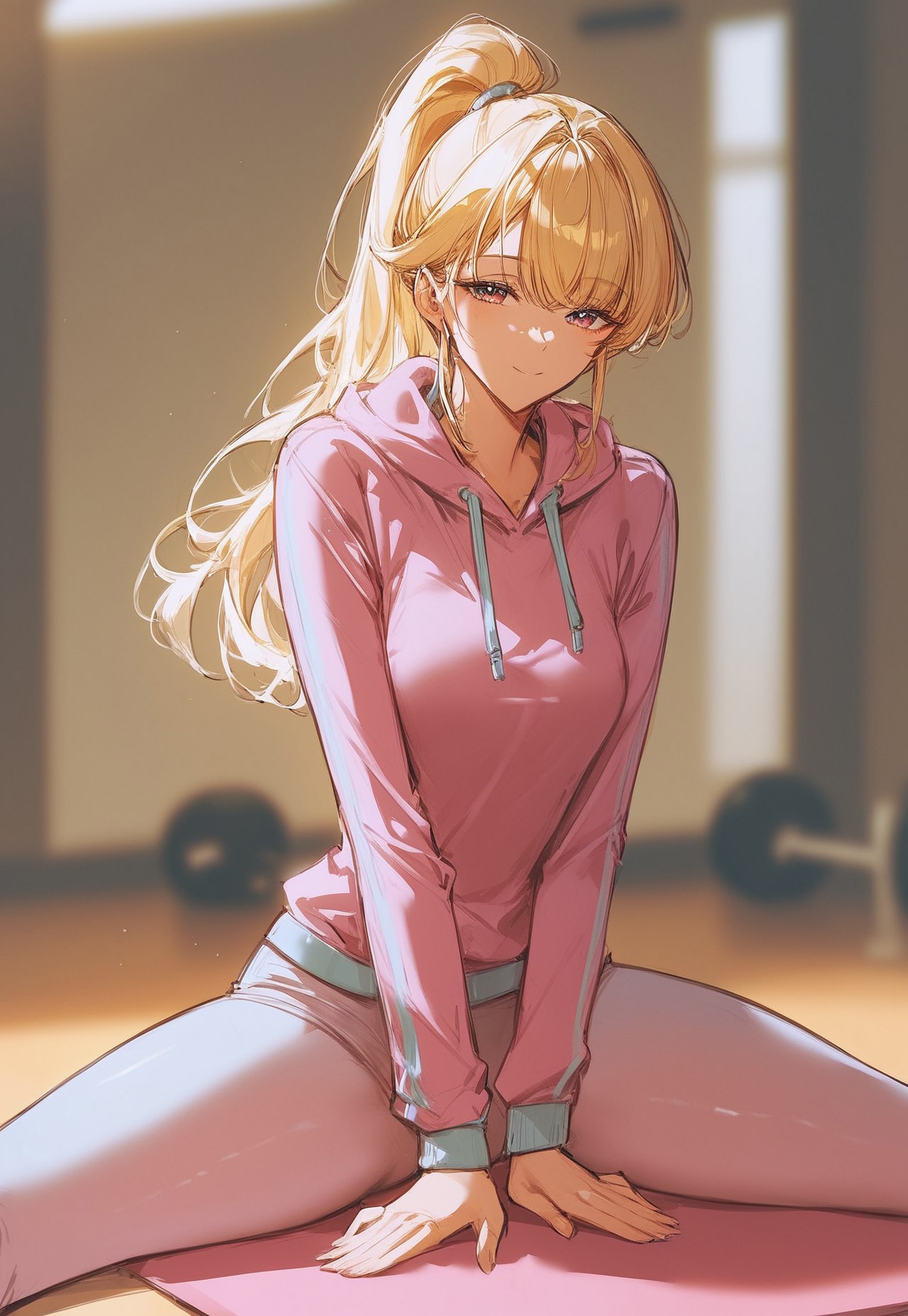Score_9, score_8_up, score_7_up, score_6_up, score_5_up, score_4_up, 
((Best Quality)) (masterpiece) (details), shiny skin, 1girl, 
High ponytail, blonde hair, hoodie, leggings, indoors, mature female, beautiful detailed face and eyes, cute face, bangs long bangs, sport wear, Art8st, color theory, medium length face framing layers with bangs, tight clothes, depth of field, Stretching exercises, curved body, clever, gym, yoga, setting, spread legs yoga pose 