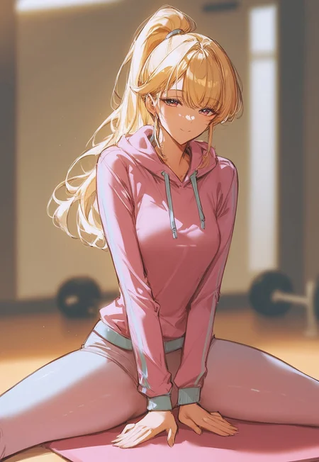 Score_9, score_8_up, score_7_up, score_6_up, score_5_up, score_4_up,
((Best Quality)) (masterpiece) (details), shiny skin, 1girl,
High ponytail, blonde hair, hoodie, leggings, indoors, mature female, beautiful detailed face and eyes, cute face, bangs long bangs, sport wear, Art8st, color theory, medium length face framing layers with bangs, tight clothes, depth of field, Stretching exercises, curved body, clever, gym, yoga, setting, spread legs yoga pose