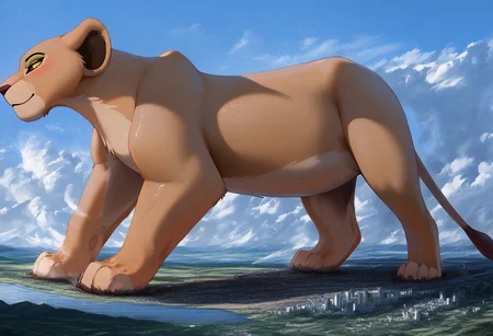 Safe_pos, score_9, score_8_up, score_7_up, detailed face, best quality, 1girl, solo, masterpiece, detailed background, beautiful, detailed eyes, mature female, giantess, macro
side view, lien,
1girl, solo, furry art, feral, Nala, Lioness , Solo, Lion King, Disney, furry, On fours, tail, full body view, hyper sized,
walking,stomping, light smile, narrowed eyes, blush
long river, skyline, cityscape, destroyed cityscape, earthquake, steam, fog, craters