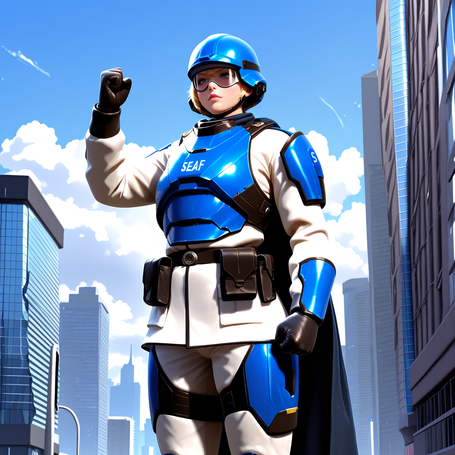 Masterpiece, high-res, 2k, best quality, 2.5d, realistic, 1girl, seaf uniform, helmet , googles, blonde hair, blue wyes, short hair, holding her fist in front of her, city background <lora:seaf_uniform_illus-000043:1>