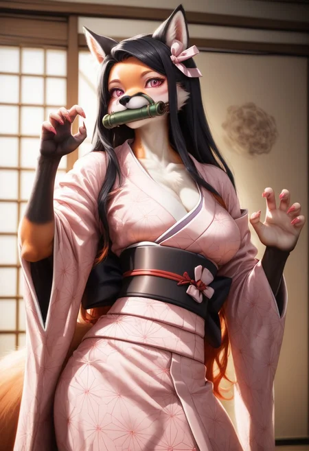 score_9, score_8_up, score_7_up, source_furry, beautiful female fox furry ,1 girl(fox),ginger skin, middle breasts,detailed face,kind look, bit gag, gag, japanese clothes, long hair, kimono, pink kimono, black hair, bamboo,  claw pose, pink eyes, solo, ribbon, asa no ha (pattern), haori, red nails, hair ribbon, checkered sash, sash, obi, fingernails, gagged, sharp fingernails, mouth hold, pink nails, pink ribbon, hc, ,castle room background(night,dark),Furry antro fox dressed like  Nezuko, solo