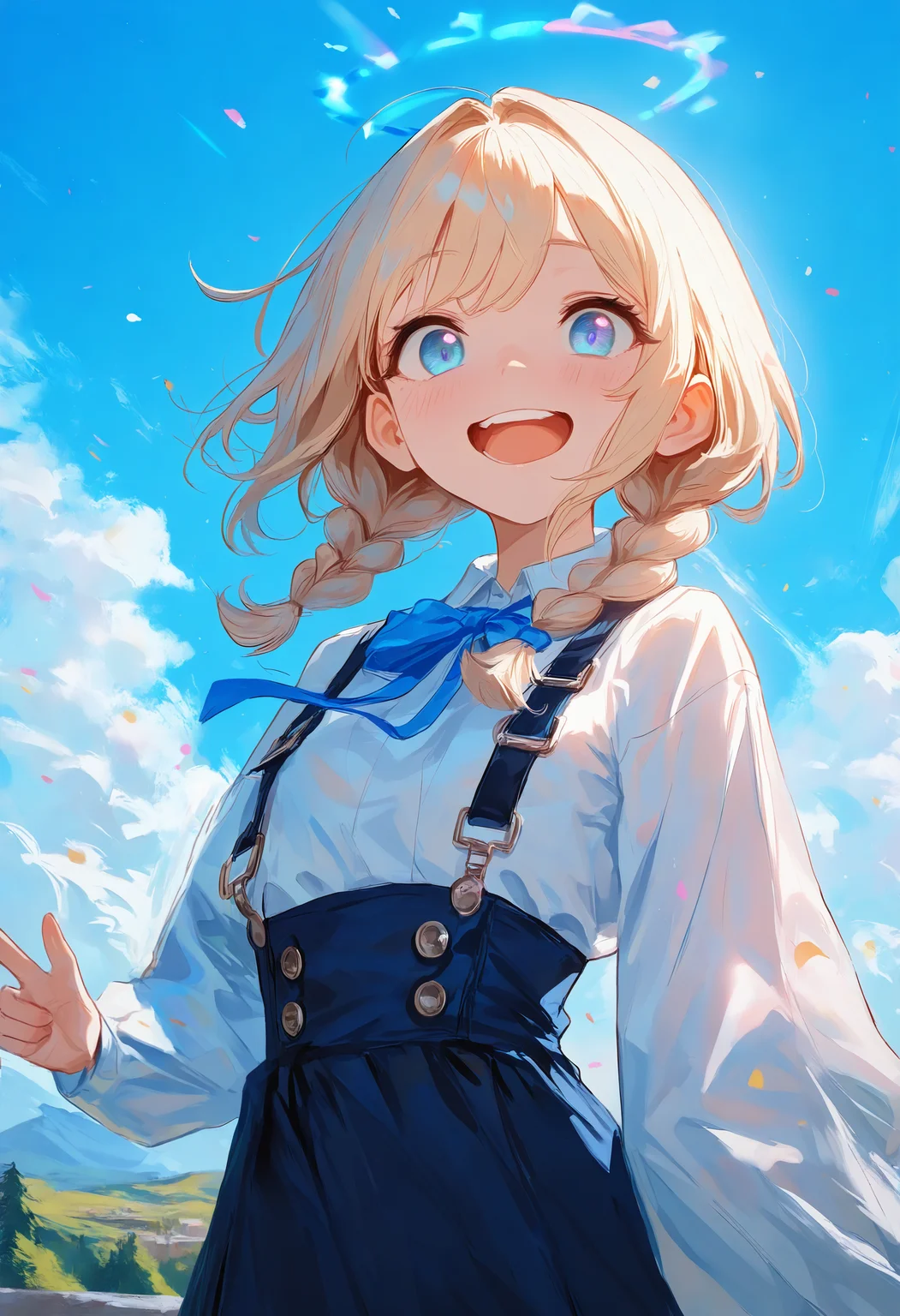 masterpiece, best quality, amazing quality, very aesthetic, absurdres, newest,Extreme Close-Up, A cheerful anime style girl with blonde hair styled in two braids, wearing a white blouse with a blue ribbon and a dark skirt. She is standing on outside with green trees and a clear blue sky in the background. The girl is smiling and making a peace sign with her hand. The overall scene should have a bright and colorful atmosphere, with the main tone being light blue. Incorporate more blue tones into the background, such as blue benches instead of brown, and more blue accents in her outfit., BREAK <lora:ponyv4_noob1_2_adamW-000017:0.7000000000000001> <lora:USNR_STYLE_XL_lokr:0.45>