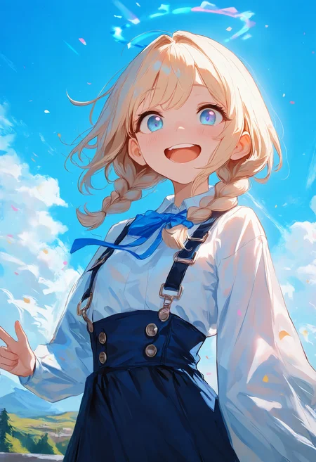 masterpiece, best quality, amazing quality, very aesthetic, absurdres, newest,Extreme Close-Up, A cheerful anime style girl with blonde hair styled in two braids, wearing a white blouse with a blue ribbon and a dark skirt. She is standing on outside with green trees and a clear blue sky in the background. The girl is smiling and making a peace sign with her hand. The overall scene should have a bright and colorful atmosphere, with the main tone being light blue. Incorporate more blue tones into the background, such as blue benches instead of brown, and more blue accents in her outfit., BREAK <lora:ponyv4_noob1_2_adamW-000017:0.7000000000000001> <lora:USNR_STYLE_XL_lokr:0.45>