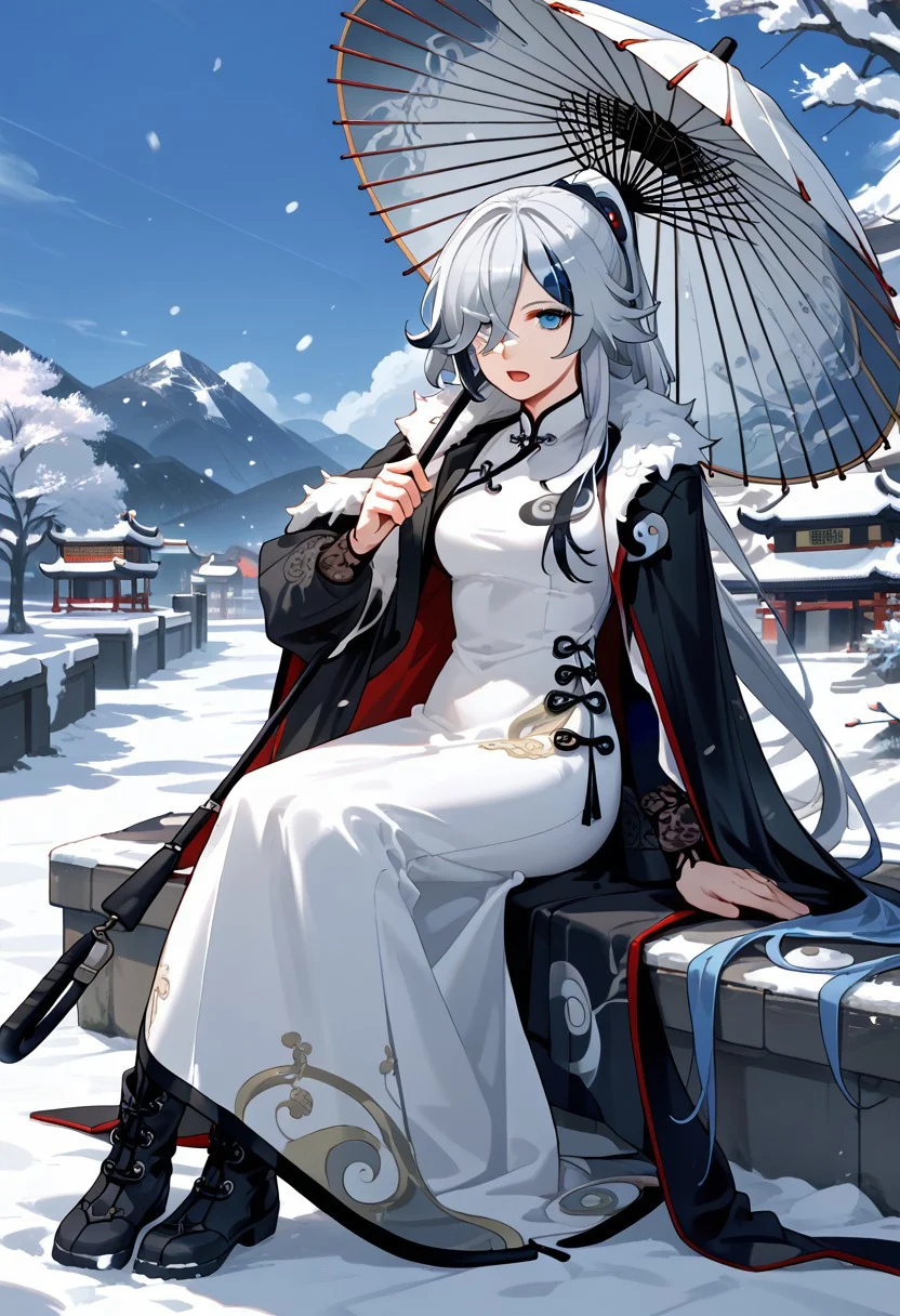 score_9,score_8_up,score_7_up,source_anime,FU_HUA,1girl,solo,long hair,looking at viewer,open mouth,blue eyes,black hair,long sleeves,hair ornament,dress,holding,jewelry,very long hair,sitting,blue hair,full body,grey hair,ponytail,boots,white dress,hair over one eye,cape,fur trim,chinese clothes,umbrella,high ponytail,china dress,snow,holding umbrella,hairpin,oil-paper umbrella,yin yang,hanfu,