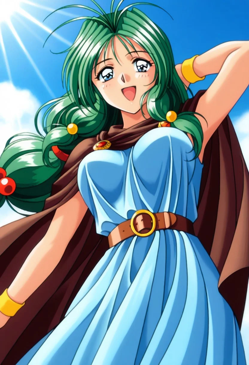 masterpiece, best quality, amazing quality, very aesthetic, high resolution, 1girl, cowboy shot, anime-style, digital art, high resolution, cute girl, smiling, sunlight, bright, clear sky, blue sky, clouds, daytime, outdoor, wind blowing her hair, dynamic pose, cheerful mood, light reflections, detailed background, high quality, beautiful, attractive, light rays, bright lighting, sky, joyful, happy, energetic, bright atmosphere, detailed shading, anime aesthetics, vibrant, lively, braid, jewelry, belt, cape, blue dress, wristband, retro artstyle, 1990s \(style\), 
clairemm, blue eyes, green hair, antenna hair, long hair, low-tied long hair, hair bobbles, medium breasts, mature female,