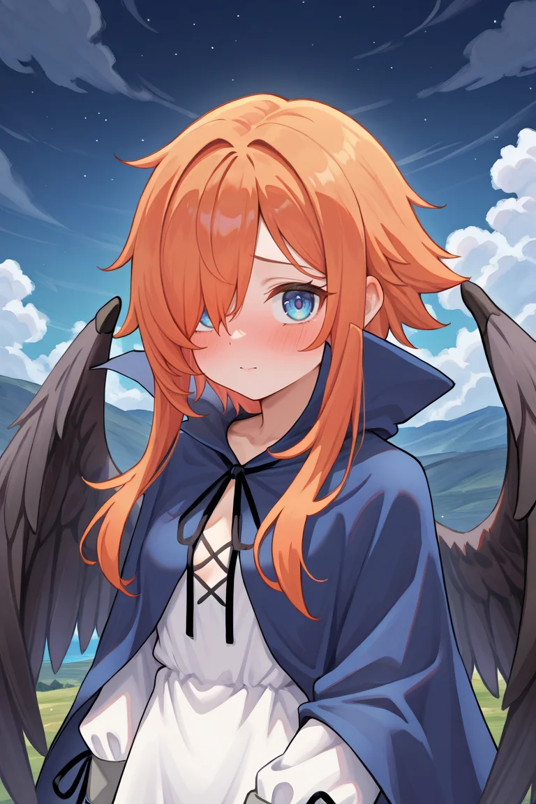 masterpiece, very aesthetic, absurdres, best quality, amazing quality, high resolution, <lora:illustrious_quality_modifiers_masterpieces_v1:0.8> , <lora:ChamIllustriousBackgroundEnhancer:0.5>, solo, <lora:No._367IL:0.8> , thrdef, 1girl, orange hair, long hair, medium hair with long locks, (hair over one eye), blue eyes, wings, black wings, feathered wings, dress, white dress, short dress, blue cloak, popped collar, neck ribbon, black ribbon, center opening, long sleeves, ((face, portrait)), exterior, clouds, night, shy, blush, looking at viewer,