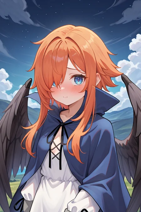 masterpiece, very aesthetic, absurdres, best quality, amazing quality, high resolution, <lora:illustrious_quality_modifiers_masterpieces_v1:0.8> , <lora:ChamIllustriousBackgroundEnhancer:0.5>,  solo,   <lora:No._367IL:0.8> , thrdef, 1girl, orange hair, long hair, medium hair with long locks, (hair over one eye), blue eyes, wings, black wings, feathered wings, dress, white dress, short dress, blue cloak, popped collar, neck ribbon, black ribbon, center opening, long sleeves, ((face, portrait)), exterior, clouds, night, shy, blush,  looking at viewer,