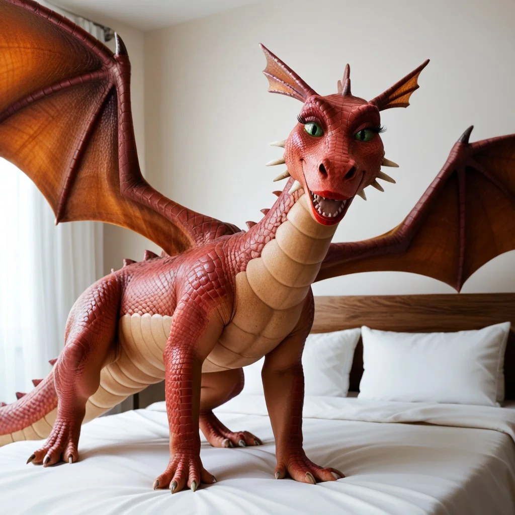score_9, score_8_up, score_7_up, score_6_up, score_5_up, score_4_up, masterpiece, high quality, realistic, detailed, best quality, white bed, solo, rating_safe, source_furry, bedroom, happy, smiling, seductive, ((looking at viewer)), standing, feral, detailed eyes, detailed face, elizabeth_shrek, dragon, wings, makeup, lipstick, head spikes, head fins, red scales, scales, female, 1girl, green sclera, green eyes, tail, feral