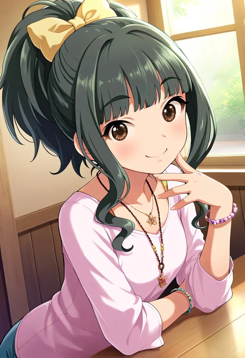 masterpiece,best quality,amazing quality, fujii tomo, brown eyes, dark green hair, 1girl, solo, jewelry, necklace, smile, bracelet, looking at viewer, hair bow, bow, ponytail, long hair