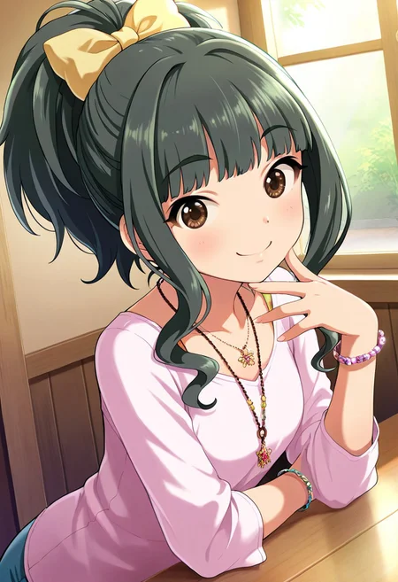 masterpiece,best quality,amazing quality, fujii tomo, brown eyes, dark green hair, 1girl, solo, jewelry, necklace, smile, bracelet, looking at viewer, hair bow, bow, ponytail, long hair