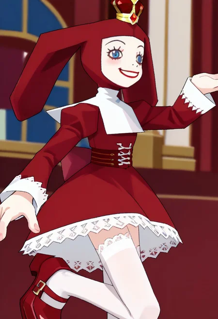 score_9, score_8_up, score_7_up BREAK PriZuDDR, 1girl, red gold crown, red headdress, blue eyes, red lipstick, white collar, long-sleeved red dress, red belt, buckle, white lace trims, white frills, white petticoat, white stockings, red platform shoes, red palace indoors, red royal palace background, elegant room, solo, solo focus, female, female focus, regal pose, regal attitude, royalty scene,