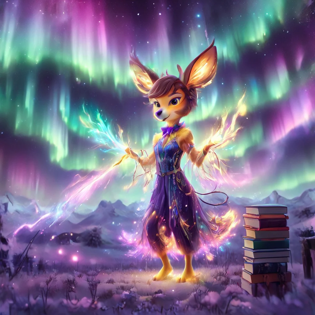 morph-aurora,deerie,have a beautiful aurora and lots of books in the background,anthropomorphic fawn, light brown fur with lemon accents, brown hair, animal ears,dark glowing purple dress over a brighter colored, pants, pink bow hanging from the collar,holding a one glowing sword,looking cute at the viewers,solo,female1,small breast,beautiful detail,high-quality,2d,