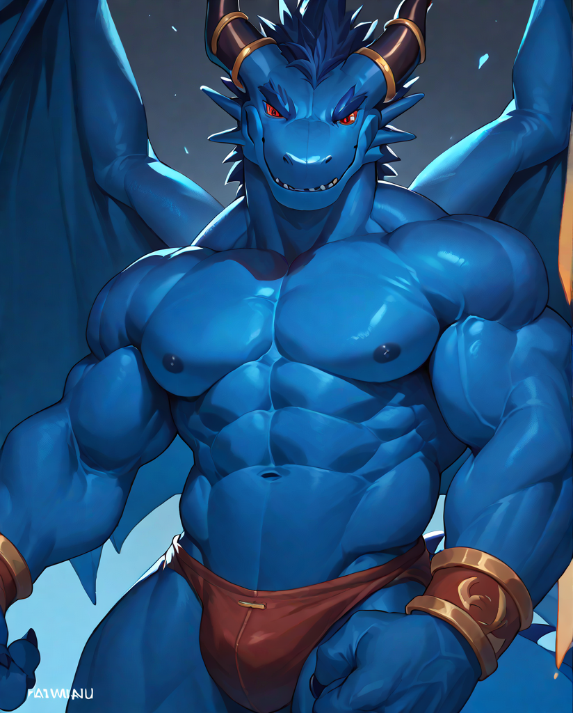 source_furry,score_9,score_8 up,score_7 up,score_6 up,male,anthro,furry,1boy,solo,blue_dragon,dragon,wings,horns,blue body,red eyes,muscles,muscular,bodybuilder,abs,pectorals,biceps,<lora:Blue_Dragon:1>,