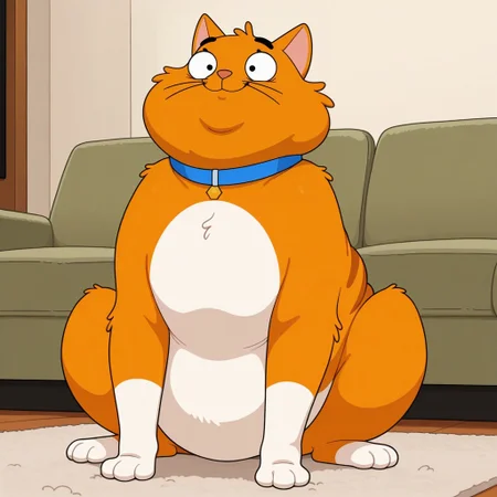 masterpiece, best quality, amazing quality, chico, feral, furry male, solo, orange fur, white fur, two-tone fur, striped fur, black eyes, black eyebrows, whiskers, pink nose, paw pads, fat, blue collar, smile, indoors, living room