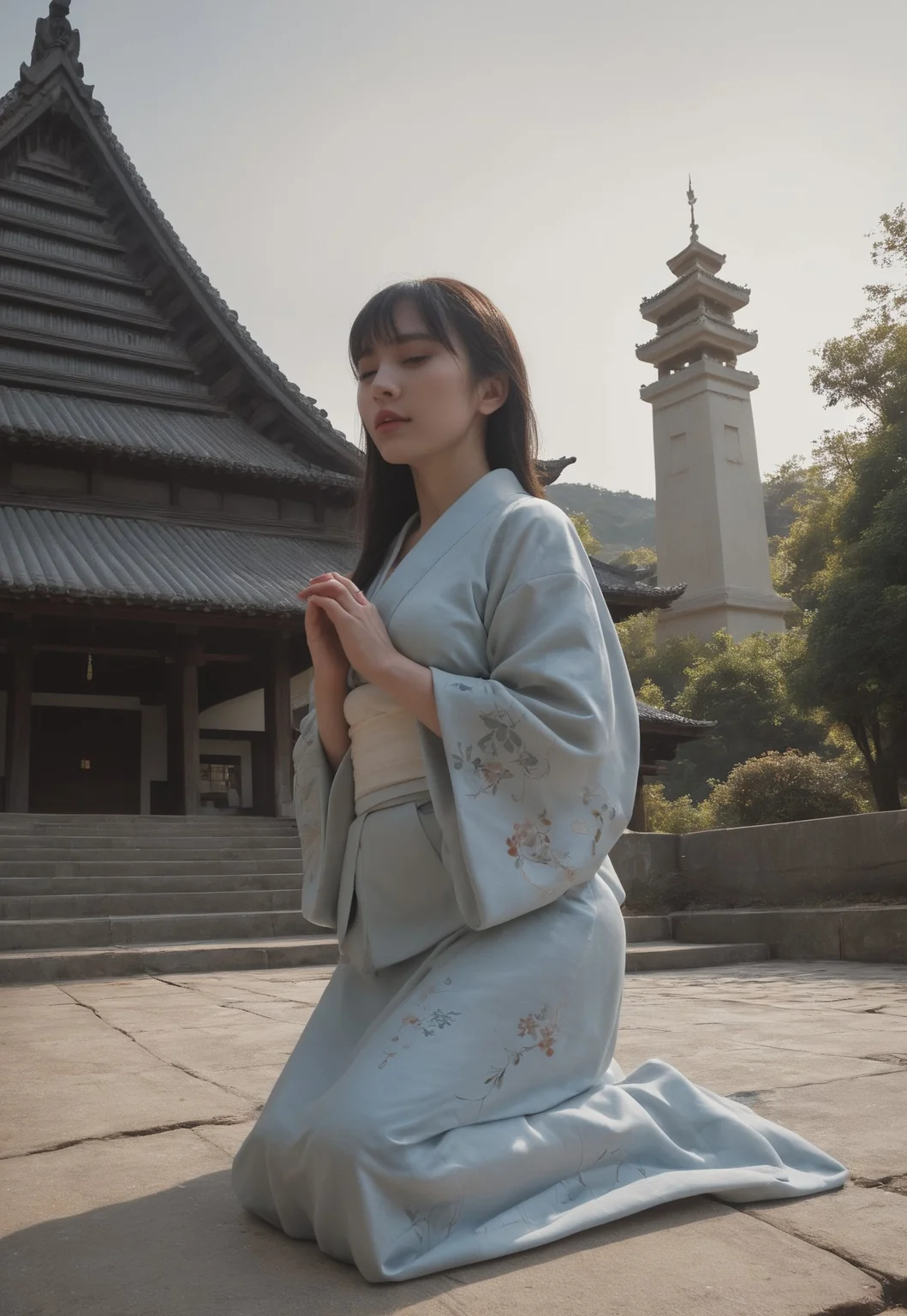 safe_pos, score_9_up, score_8_up, score_7_up, a photorealistic, 8K, ultra-detailed, best quality, super fine illustration, detailed light, close-up of a female, large breasts, kimono, kneeling, praying, temple, scenery, realistic lighting