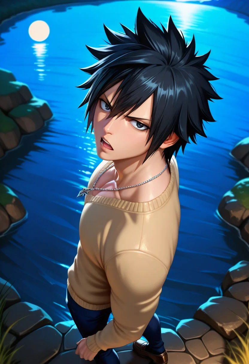 masterpiece, best quality, , (realistic:0.6), looking at viewer, 1boy, solo, male focus, <lora:gray_fullbuster_ilxl:0.92>, gray_fullbuster, black hair, black eyes, spiked hair, hair between eyes, , necklace, from above, river, night, full moon, twisted torso, open mouth, Woven joggers, Sweater, Suede loafers, Kufi cap,