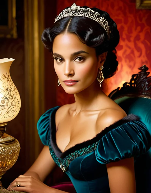 In a dimly lit, Victorian-era drawing room bathed in the soft glow of an antique oil lamp, a woman named C0ZYC4T6, with her striking brown eyes and cascading black hair adorned with intricate, sparkling jewelry and delicate earrings, sits in a plush velvet armchair. Her lips part slightly to reveal perfectly aligned teeth as she gazes intently at a parchment on which the words \\\"I love you\\\" are written in elegant, flowing English script. The camera angles from a low position, looking up at her, capturing the depth and emotion in her eyes and the hint of a soft smile playing at the corners of her lips, while the background is blurred with shadows that dance upon the richly patterned wallpaper.<lora:Midjourney_People:1>