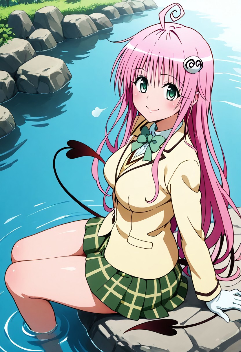 masterpiece, best quality, medium breasts, (curvy),    
(lala deviluke, long hair, pink hair, tail, ahoge, bangs, hair ornament, green eyes, school uniform, white shirt, yellow blazer, ribbon, green ribbon, pleated, pleated skirt, skirt, green skirt:1.2)
 sitting on a rock, lakeside, gentle breeze, reflective water, warm sunlight, relaxed expression, looking at viewer, smile, side view, from above, a Sitting on a smooth rock by the crystal-clear lake, May leans back on her hands, letting out a soft sigh of contentment. The afternoon sun glistens on the rippling water, creating shimmering reflections that dance across her red shirt and white miniskirt. Her red bandana keeps her brown hair neatly in place, though a few strands escape to sway in the light breeze. Her blue eyes gaze at the distant horizon, lost in thought, while her gloved fingers idly trace patterns on the stone beneath her. The sounds of water lapping against the shore and distant PokA©mon calls make for a peaceful, fleeting moment of serenity before her next journey begins.