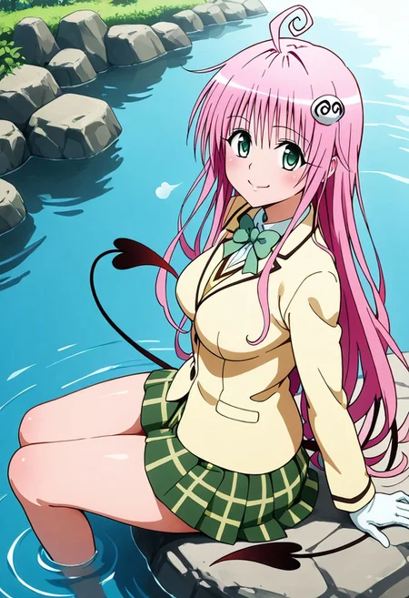 masterpiece, best quality, medium breasts, (curvy),
(lala deviluke, long hair, pink hair, tail, ahoge, bangs, hair ornament, green eyes, school uniform, white shirt, yellow blazer, ribbon, green ribbon, pleated, pleated skirt, skirt, green skirt:1.2)
sitting on a rock, lakeside, gentle breeze, reflective water, warm sunlight, relaxed expression, looking at viewer, smile, side view, from above, a Sitting on a smooth rock by the crystal-clear lake, May leans back on her hands, letting out a soft sigh of contentment. The afternoon sun glistens on the rippling water, creating shimmering reflections that dance across her red shirt and white miniskirt. Her red bandana keeps her brown hair neatly in place, though a few strands escape to sway in the light breeze. Her blue eyes gaze at the distant horizon, lost in thought, while her gloved fingers idly trace patterns on the stone beneath her. The sounds of water lapping against the shore and distant PokA©mon calls make for a peaceful, fleeting moment of serenity before her next journey begins.