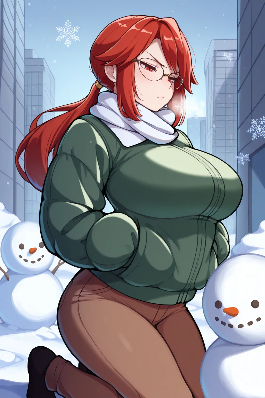 masterpiece, best quality, 1girl, solo, <lora:lorelei-illu-nvwls-v1-000006:1> rglorl, red hair, swept bangs, sidelocks, low ponytail, red eyes, glasses, large breasts, green jacket, winter jacket, puffy jacket, white scarf, brown pants, snow, winter, snowflakes, cold, hands in pockets, half-closed eyes, annoyed, city, kneeling, snowman