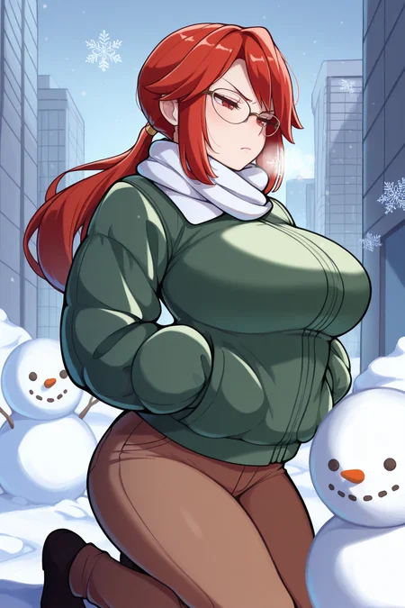 masterpiece, best quality, 1girl, solo, <lora:lorelei-illu-nvwls-v1-000006:1> rglorl, red hair, swept bangs, sidelocks, low ponytail, red eyes, glasses, large breasts, green jacket, winter jacket, puffy jacket, white scarf, brown pants, snow, winter, snowflakes, cold, hands in pockets, half-closed eyes, annoyed, city, kneeling, snowman
