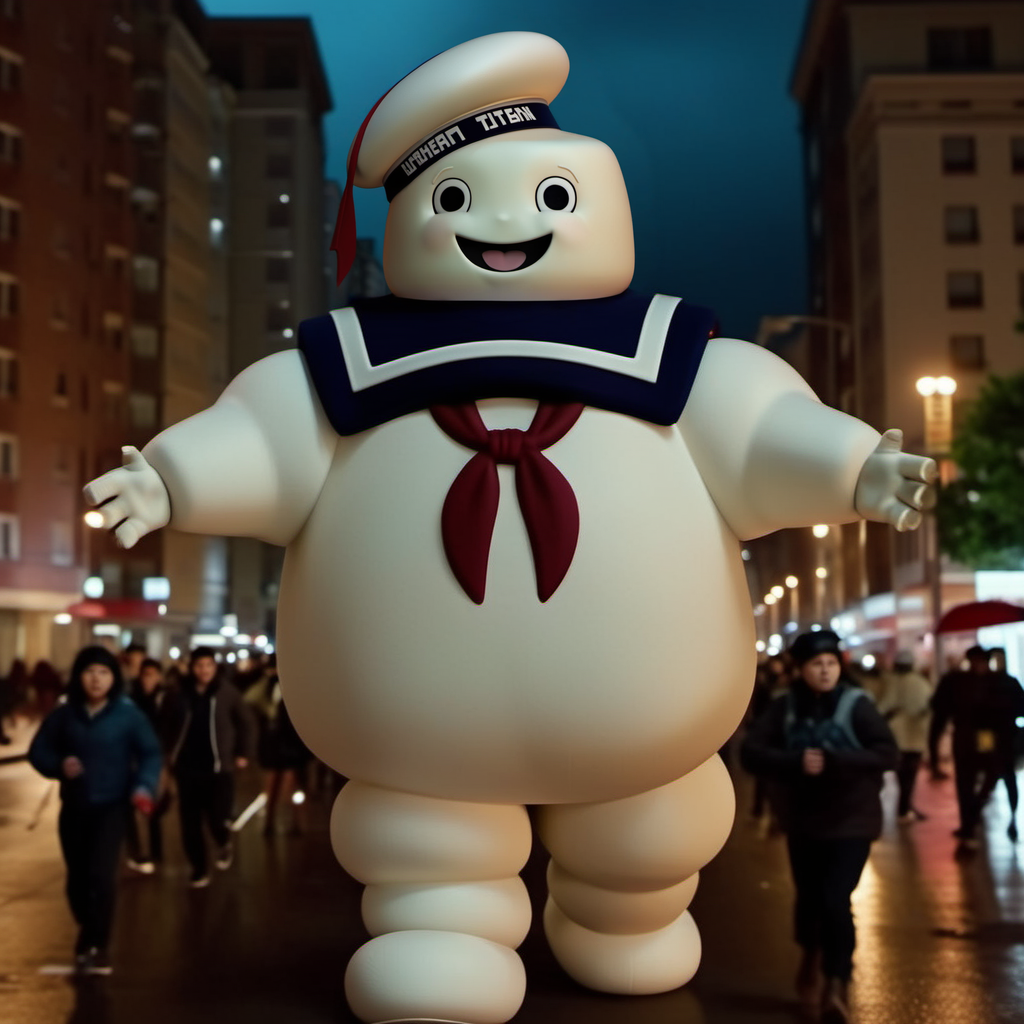 BibendumChamallow1024, a huge giant with a sailor hat, full body, walks in a city, people are panicking and running, night , rain , highly detailed, attack on titan, photography, ultra sharp, film, professional, 64k  <lora:BibendumChamallow1024:0.8>