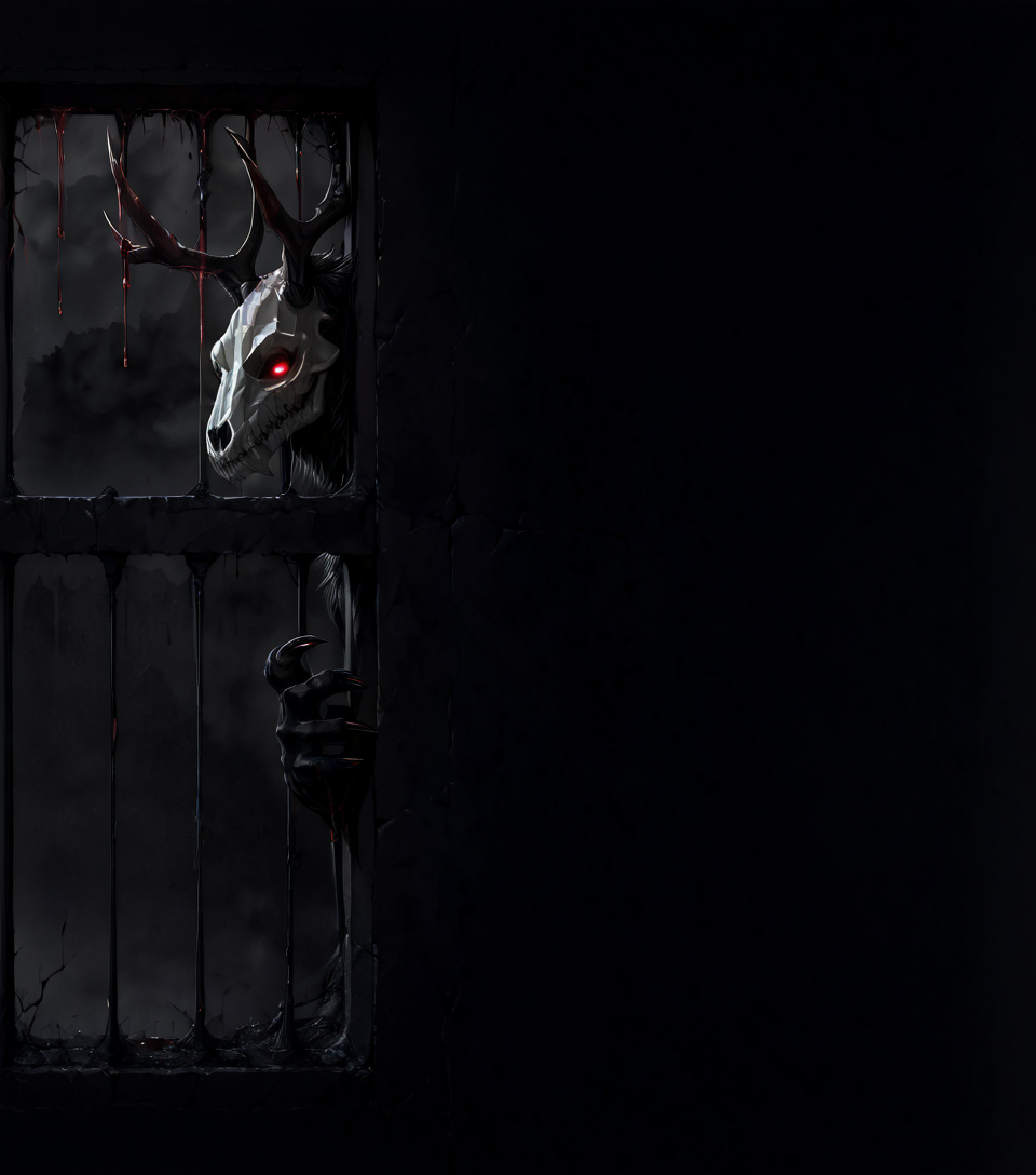 score_9, score_8_up, score_7_up, score_6_up, source_monster, BREAK, ((((outside of window)))),  glass, (outside glass), closed window, three quarter view, looking in, close up, window fog, (closed mouth), blood, (scratched window), claw mark on window, ((((darkness)))),(pitch black), night time, ((obscured by darkness)), glowing eyes in darkness, barely visible, hidden, hiding, blackest black, black background, (w3ndigo), (glowing eyes),  skull face, antlers,  sharp teeth, black skin,<lora:Wendigo for PonyXL:0.6>, <lora:SDXL_Black_Sa_May:2>