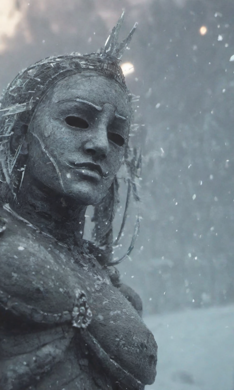 bleakfaith,DamShelma's art capturing an awe-inspiring lady donning traditional African voodoo mask, encircled by a mystical snowfall in wintertime, snowy backdrop, voodoo mask intricate patterns, cold climate, heavy snowflakes drifting down, masked face mystery and enchantment, magic realism style, snowy landscape, winter chill, ethereal beauty, contrasting elements- tropical mask, frosty environment, enhanced detail, vivid colors, eerie allure, digitally rendered, aesthetics of intrigue,science fiction,highly detailed, sharp definition ,cinematic,50nm dof,bokeh,realistic,sharp focus,ultra detailed,128k uhd,awardwinning,trending on artstation, <lora:bleakfaith-000004:1>, <lora:add-detail-xl:2>