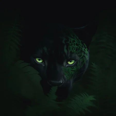 symphtia-style, masterpiece, best quality, absurdres, vibrant, highly detailed, very aesthetic, animal focus, black panther, hiding behind ferns, pitch black fur, piercing green eyes, whiskers, eye focus, forest background, (dappled sunlight:1.5), detailed fur