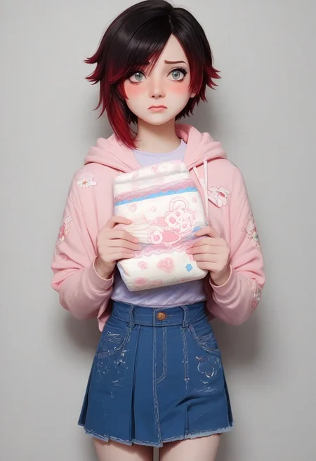 score_9, score_8_up, score_7_up, score_6_up, score_5_up, score_4_up, source_anime,
BREAK
ruby rose (black hair:1.1), gradient hair, red hair, grey eyes, embarrassed, blushing, looking away
BREAK
solo, standing, print hoodie, frilly hoodie, bare legs, holding diaper, wearing diaper, 4tapes diaper, bunny print, pastel colors, front diaper, messy diaper, denim skirt, pleated skirt, skirt lift
BREAK
Bedroom background, pink bedroom, messy bedroom, floral wallpaper,