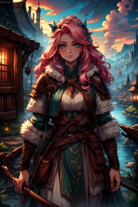 <lora:FantasySettlement:1> fanse, fantasy medieval village, lake, dawn, magical, <lora:Fantasy_Classes_SD:1> fantasy class, ranger, archer, bow, leather outfit, belts, pouches, fur, quiver, looking at viewer, seductive, best quality, masterpiece, <lora:more_details:0.7>, 1girl, solo, pink hair, absurdly long hair, grey eyes