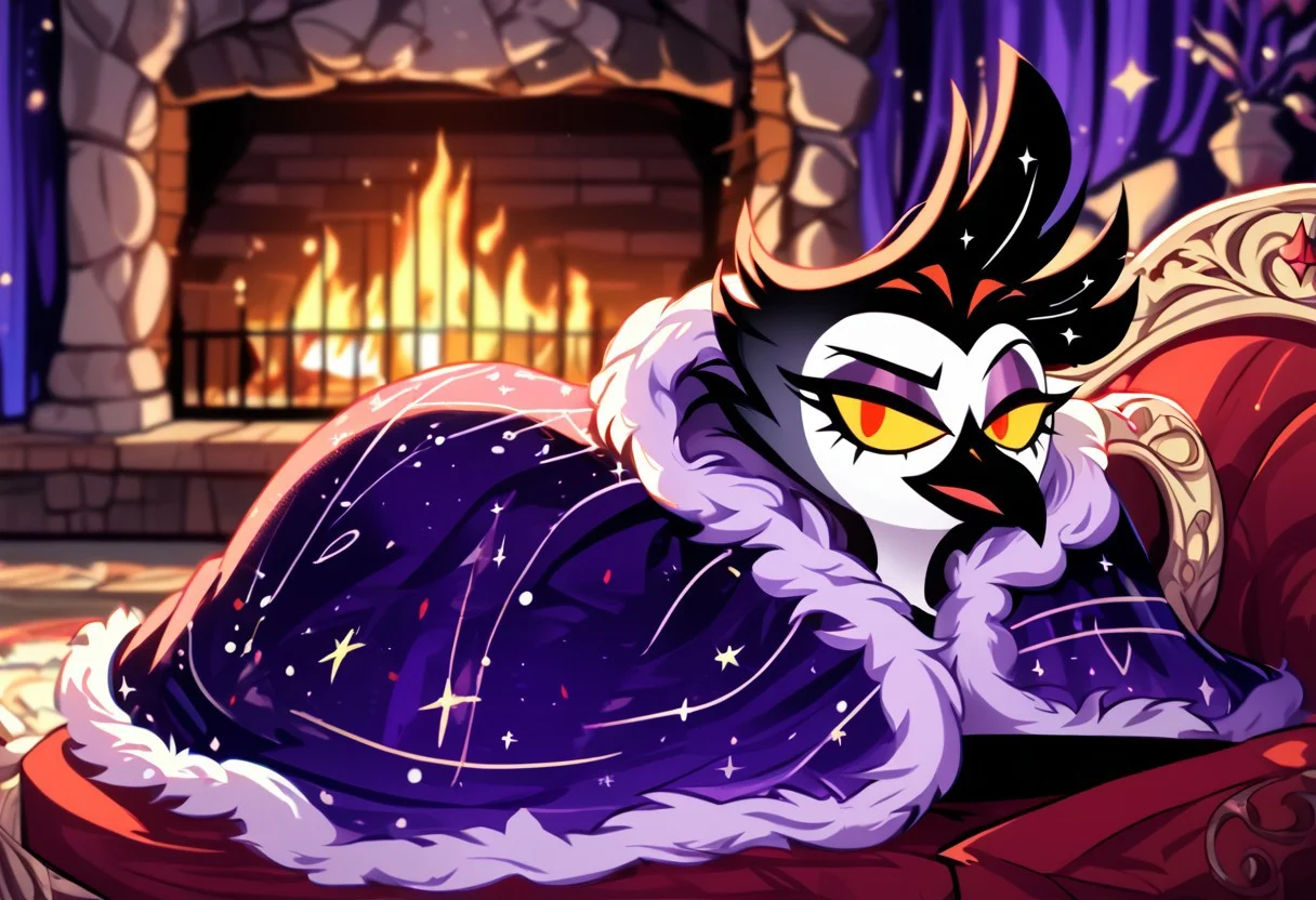 score_9_up,score_8_up,score_7_up,cozy,sprawling fantasy town beyond the end of reality, solo, masterpiece,high detail, high resolution, high quality, best quality, perfect face, perfect eyes, StlsGtia_Dskfll, Stolas laying on sofa, wrapped in cozy blanket, warm fireplace in background, fire embers, galaxy view in window,blanket,comfyblanket,HazbinStyle,cartoon character,small black beak