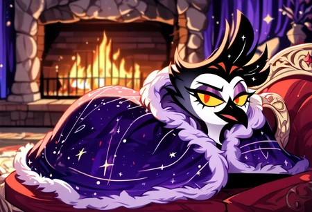 score_9_up,score_8_up,score_7_up,cozy,sprawling fantasy town beyond the end of reality, solo, masterpiece,high detail, high resolution, high quality, best quality, perfect face, perfect eyes, StlsGtia_Dskfll, Stolas laying on sofa, wrapped in cozy blanket, warm fireplace in background, fire embers, galaxy view in window,blanket,comfyblanket,HazbinStyle,cartoon character,small black beak
