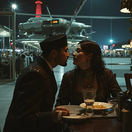 <lora:40s_Vintage_Nudity:0.8> Colour artwork. low-angle view. Op Art photograph with earth theme. Light-toned photograph of a saintly, mature, fantasy, clothed, uniformed, kissing, Tudor medusa. They are dining in a night-time fresh futuristic airport interior, made of shiny metal and glass, intricate black and black and white gothic details, fiery. In the distance there is a pale biomechanical spaceship. The overall style of the photo is vivid fine art with symbolic Surreal details. The photographer has added detail to the photograph with chemical sprays and scratch marks.